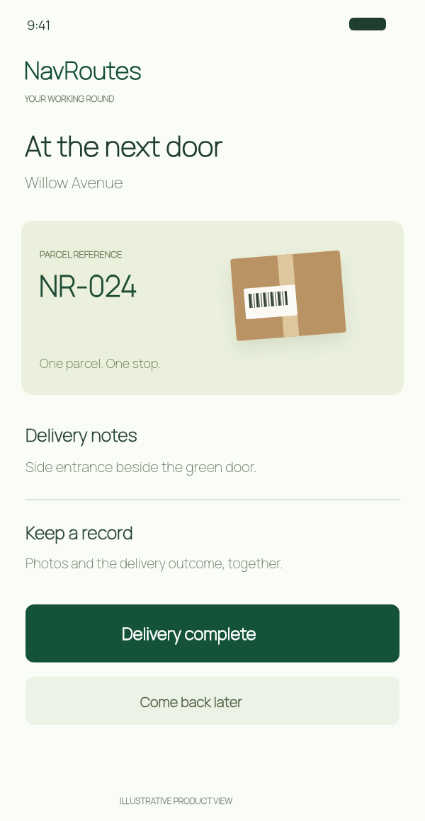 Illustrative parcel detail view with a reference number, delivery notes and a completed outcome