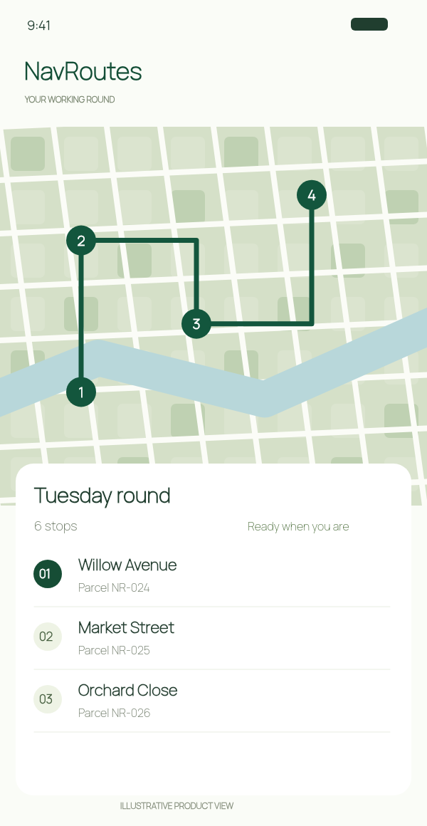 Phone showing an illustrative NavRoutes delivery route planner with a multi-stop map and parcel references, not the actual app interface